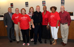 From left: MISD Superintendent Dr, Jerry Gibson; trustee Brad Howlett; trustee Cathy Marshall; trustee Helen Warwick; MISDPD Chief Joe Arledge; trustee Mrs. Charles Wilson; trustee Barbara Alexander; and trustee Chase Palmer, following the official badge ceremony on Monday.